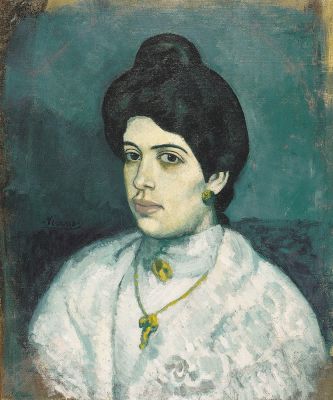 Pablo Picasso, Portrait de Corina Pere Romeu, 1902, huile sur toile, 60 x 50 cm, Paris, musée Picasso. © Succession Picasso. Source : https://www.navigart.fr/picassoparis/#/artwork/160000000000809?filters=year%3A1901__1905,,authors%3APICASSO%20Pablo%E2%86%B9PICASSO%20Pablo&page=3&layout=grid&sort=by_author